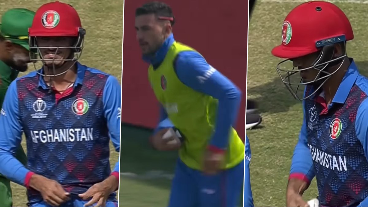 While preparing to bat, Mujeeb Ur Rahman forgets his abdominal guard