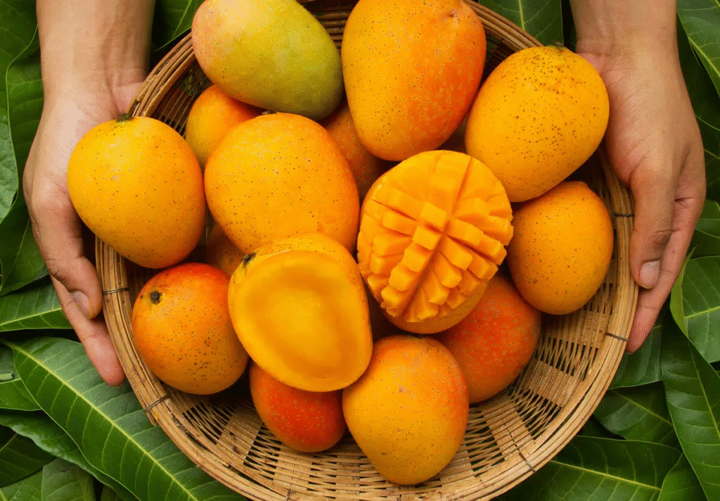 A cup of diced mango contains 2.6 grams of fibre and 99 calories. Regarding the amount of vitamins and