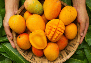 A cup of diced mango contains 2.6 grams of fibre and 99 calories. Regarding the amount of vitamins and
